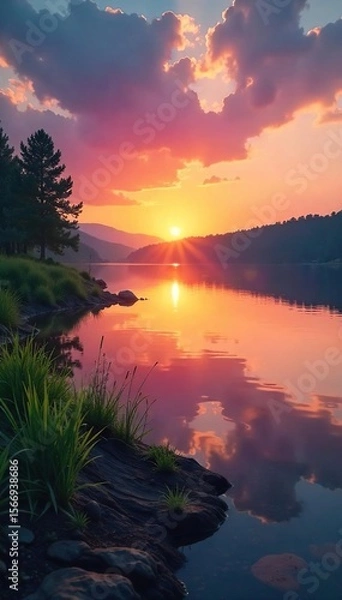Obraz Tranquil Lake Sunrise Vibrant Sky Reflected in Peaceful Waters, New Growth Emerging at Dawn, Symbolizing Rebirth and Renewal