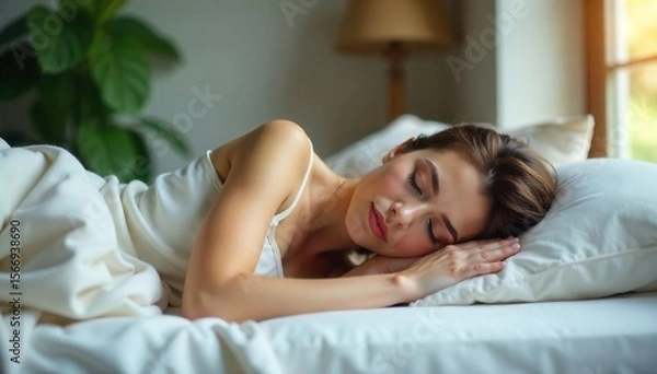 Obraz Peaceful Sleep A Person Relaxing Supine on a Comfortable Surface, Ideal for Wellness, Rest, and Sleep Content