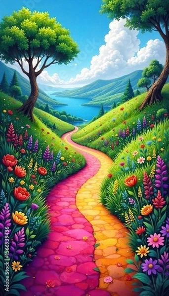 Obraz Whimsical Painted Pathways Through a Lush Vibrant Landscape Follow the Colorful Route on a Joyful Adventure