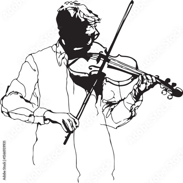 Fototapeta Elegant continuous line art of a musician playing a violin, minimalist and black-and-white only.