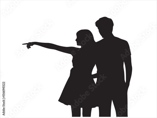 Fototapeta Young couple silhouetted pointing together towards the future on white background