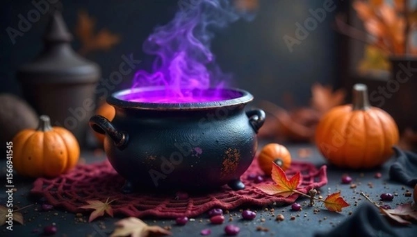 Obraz A whimsical witch's cauldron bubbling with a mysterious purple potion, surrounded by Halloween decorations Spooky, magical, autumnal vibes for your Halloween projects , bubbling, twigs