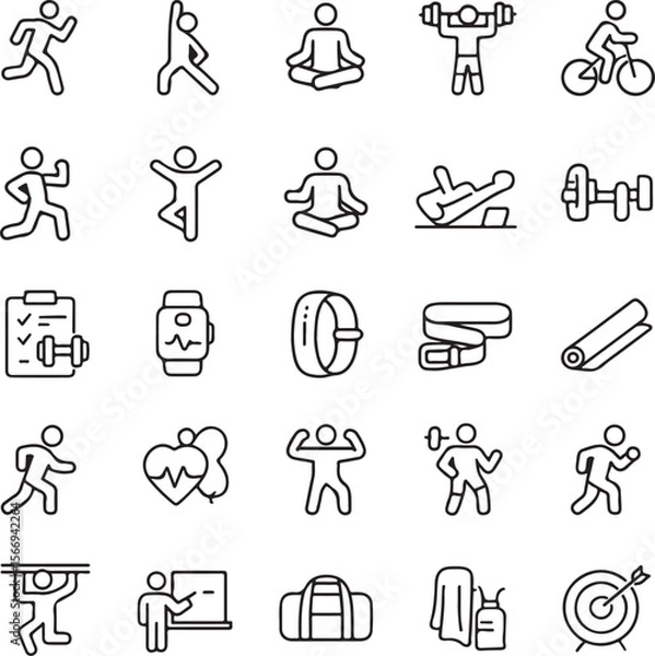 Fototapeta Collection of simple black line art icons representing various fitness activities and health equipment for a healthy lifestyle concept