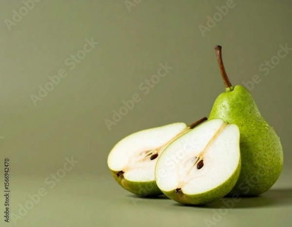 Fototapeta Whole Green Pear – Minimal Fresh Fruit Visual on Soft Solid Background