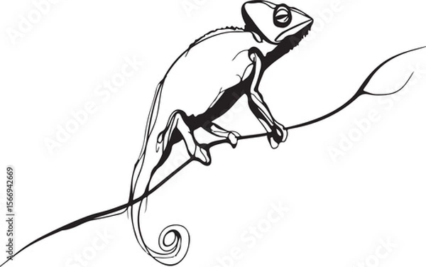 Fototapeta  Elegant one-line drawing of a chameleon on a branch, minimalist and black-and-white only