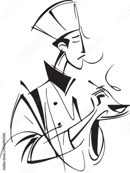 Fototapeta Elegant one-line drawing of a chef in a hat holding a spoon, abstract and black-and-white only.