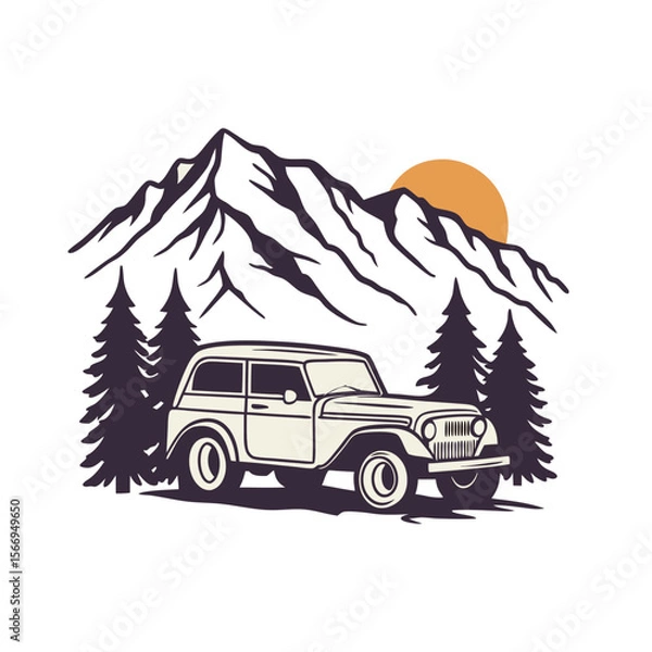 Fototapeta Off road vehicle with mountains and trees with a sun in the background