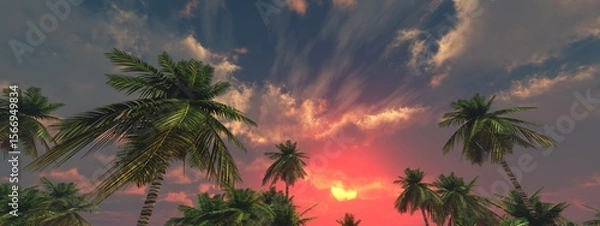 Fototapeta Sunset among palm trees, palm trees and sky, 3D rendering