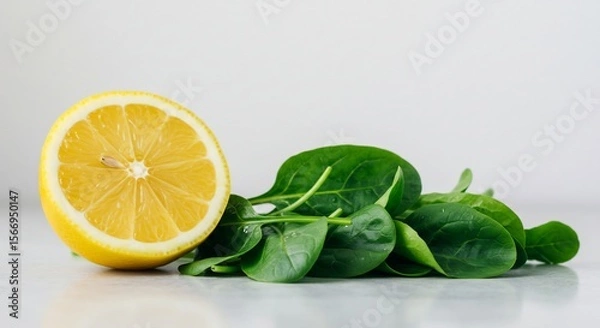 Fototapeta Vibrant Lemon Half and Fresh Spinach Leaves on White Background.