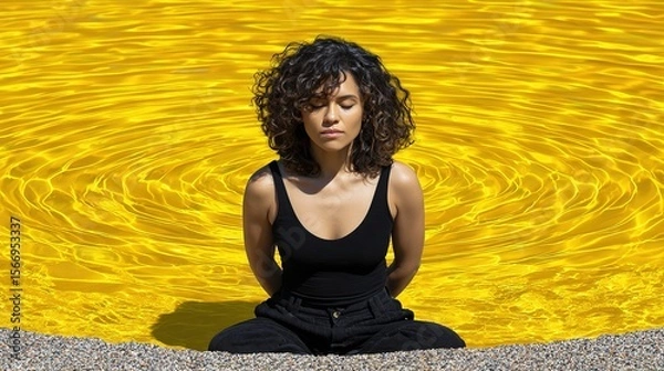 Fototapeta Woman Meditating by Yellow Water in Lotus Position on Beach