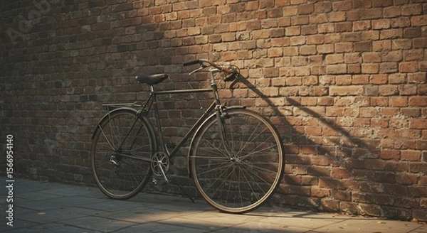 Fototapeta Vintage Bicycle Leaning Against Brick Wall in Warm Sunlight