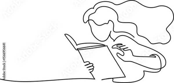 Fototapeta Back to school card. Girl student reading book. Continuous one line drawing.