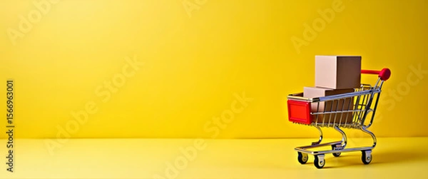 Fototapeta Shopping cart with boxes, representing online shopping and delivery.