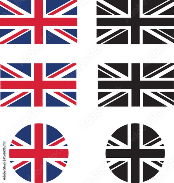 Fototapeta Collection of union jack flags in rectangular and circular shapes in color and black and white