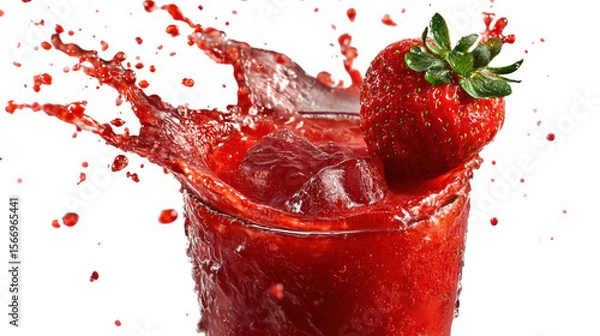 Fototapeta Refreshing strawberry drink with splashes and ice, perfect for summer vibes.