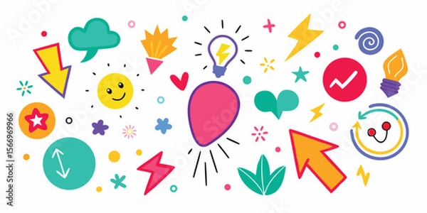 Fototapeta Colorful cartoon icons showcase innovation, communication, and various shapes over a white background