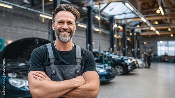 Obraz Happy Man in Work Uniform Smiling at Car Repair Shop