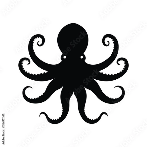 Fototapeta Symmetrical Octopus Silhouette Illustration with Curled Tentacles on a White Background