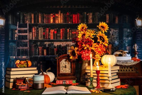 Fototapeta maximalist autumn scene with sunflowers pumpkins candy corn and burning candles with old library background