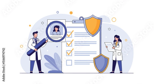 Fototapeta Doctors review medical checklist with patient profile and protective shield signifying health security and insurance coverage details