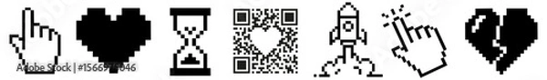 Fototapeta Set of 8-bit pixel — cursor, heart, hourglass, rocket, broken heart, and QR code with love  — retro digital aesthetics, pixel art style.
