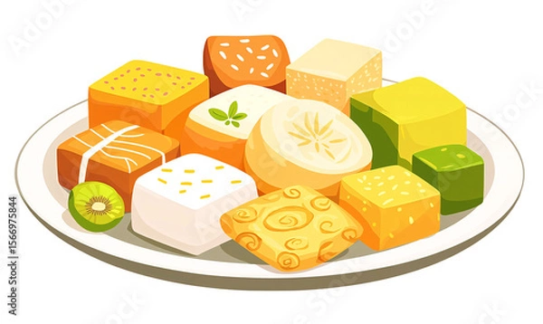 Obraz Vibrant Assortment of Colorful Cube-Shaped Sweets on a Simple White Plate