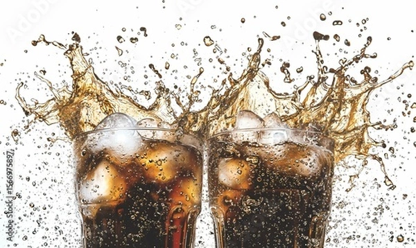 Obraz Dynamic Splash of Dark, Bubbly Cola with Ice Cubes in Clear Glasses