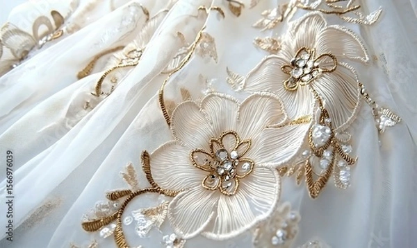 Obraz Intricate White Sheer Fabric Embellished with Gold Floral Embroidery and Sparkling Beads.