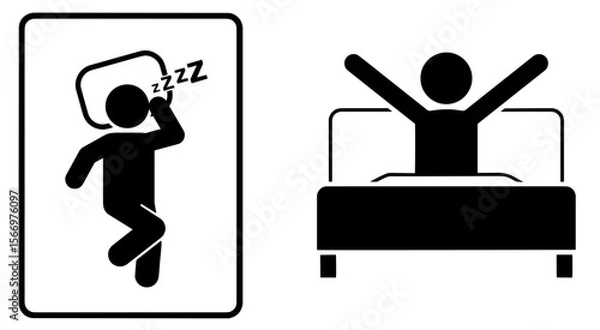 Fototapeta Sleep and Wake Up. Black Silhouettes of Person Sleeping with Pillow and Stretching in Bed After Rest. Healthy Sleep, Relaxation, Morning Routine, Energy Recovery, Circadian Rhythm, Stress Relief. Nigh