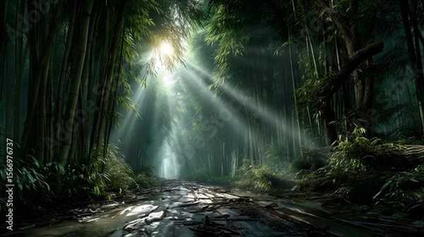 Fototapeta Illuminated bamboo path through nature