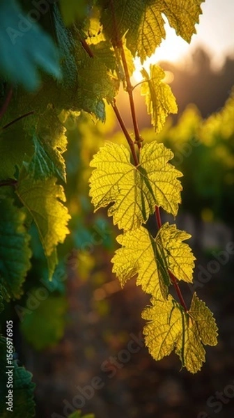 Obraz Sunlit vine leaves showing texture and detail against a blurred background