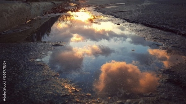 Obraz Sunset clouds reflected in a puddle