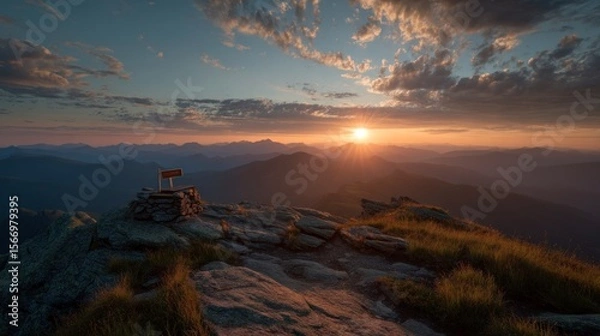 Obraz Sunset over mountain range scenic landscape with golden light and clouds