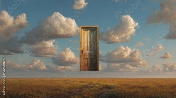 Obraz Surreal image of a wooden door floating in a cloud filled sky