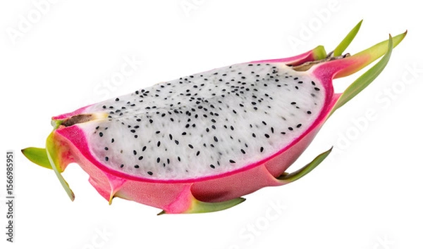 Fototapeta Closeup of a vibrant sliced dragon fruit with white flesh and tiny black seeds visible against white