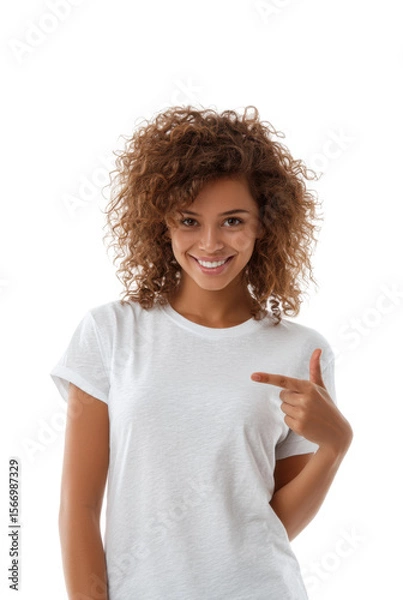 Obraz Cheerful young woman pointing portrait isolated on transparent background