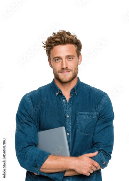 Obraz Professional man holding laptop portrait casual confident isolated on transparent background