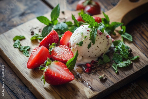 Fototapeta Vanilla ice cream scoop with fresh strawberries and mint garnish on a rustic wooden table