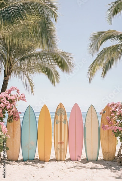 Fototapeta A photo of pastel-colored surfboards leaning against palm trees on the beach, with soft tones