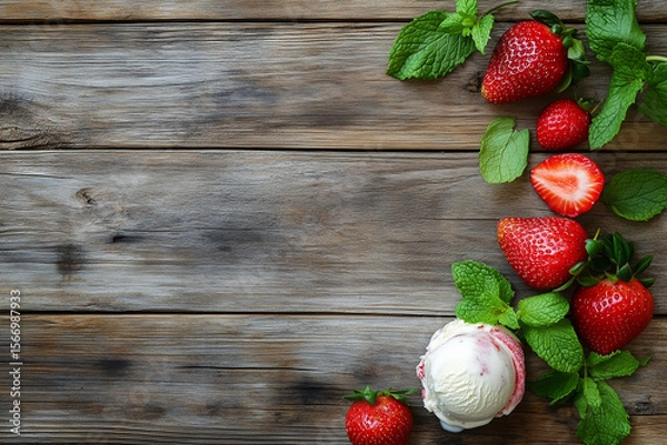 Fototapeta Vanilla ice cream scoop with fresh strawberries and mint garnish on a rustic wooden table