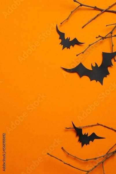 Fototapeta Halloween vertical composition with black paper bats and decorative branches on orange background, concepts of autumn, seasonal holidays and creative design. Top view, space for text