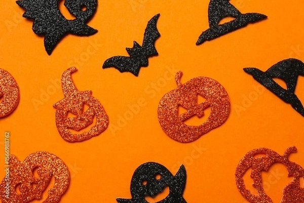 Fototapeta Halloween festive background design featuring pumpkins, ghosts and decorative witch hats. Top view
