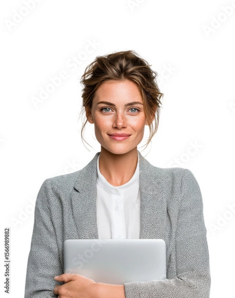 Obraz Professional woman with laptop in portrait bright isolated on transparent background