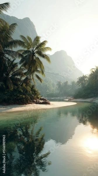 Obraz Tranquil tropical landscape with calm water palm trees and mountains