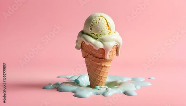 Fototapeta Close-up of a melting ice cream cone placed on a pastel-colored background. The creamy texture, soft shadows, and dripping detail evoke a sense of summer heat, urgency, and indulgence.
