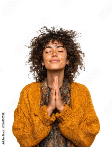 Obraz Woman expressing gratitude portrait isolated on transparent background
