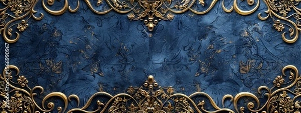 Fototapeta Elegant vintage gold baroque frame with intricate floral ornamentation on a rich, dark blue textured background for a luxurious classic design