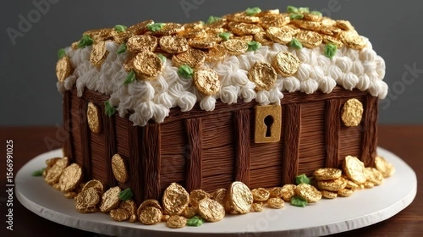 Obraz Treasure chest cake decorative dessert with gold coins and wooden textures