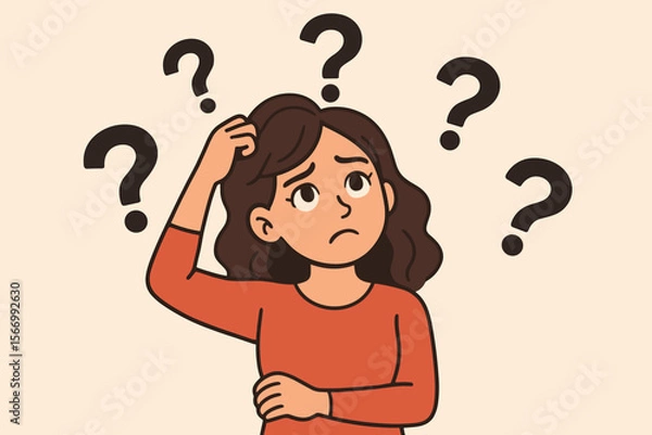 Fototapeta Puzzled woman scratching head with question marks around. Confused pensive girl thinking, seeking solution to a problem. Concept of doubt, dilemma, choice and uncertainty. Vector.