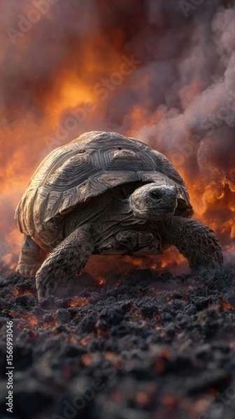 Obraz Turtle walking through volcanic terrain